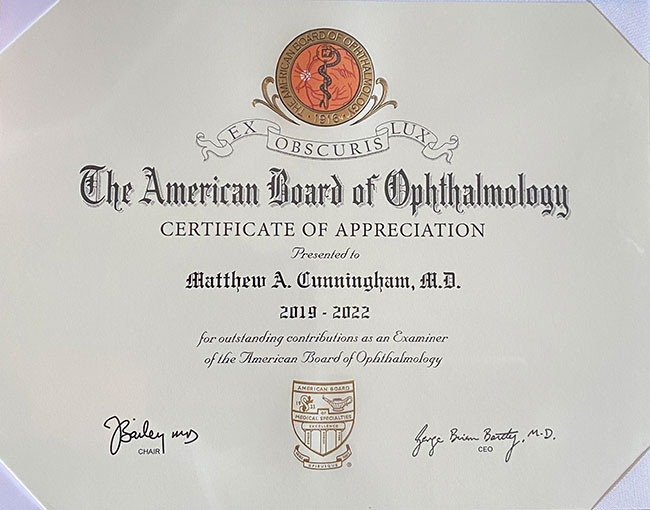certificate of appreciation, the american board of ophthalmology